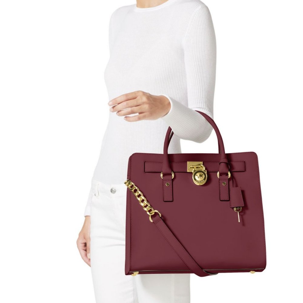 Michael Kors Hamilton Large Leather Tote Bag in Burgundy